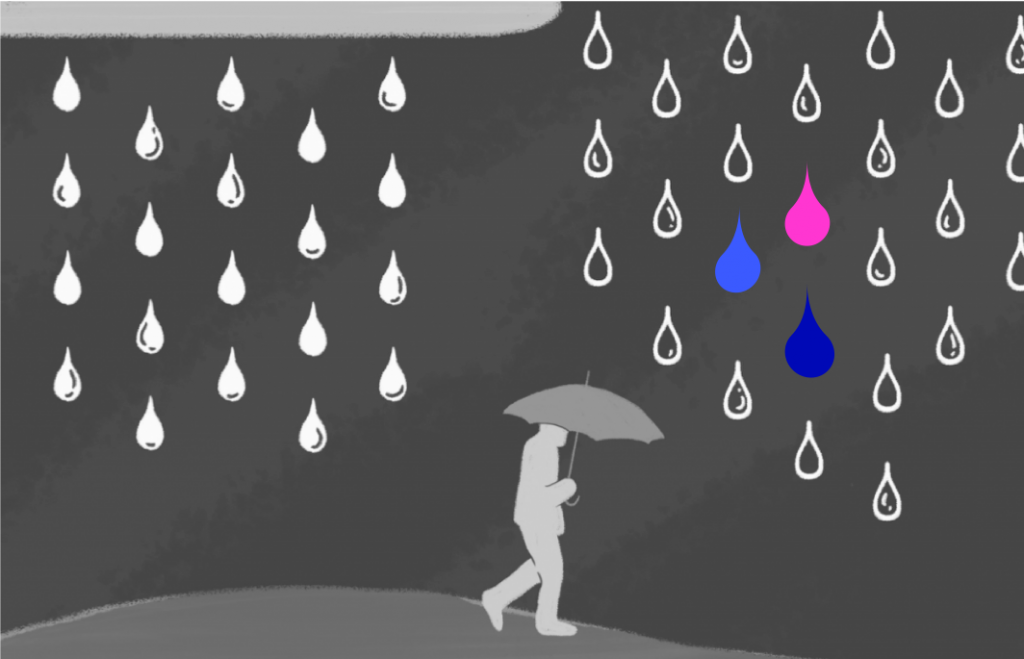 Black and white graphic of person walking in the rain holding an umbrella. Some raindrops are in CEI's colors (indigo, pink, light indigo)