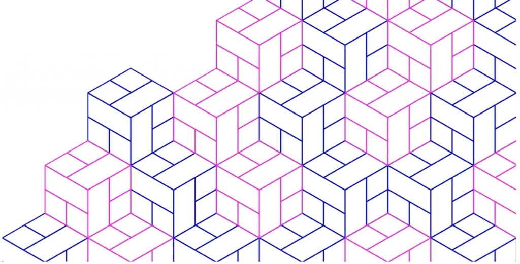 Graphic image of stacked cubes in indigo and pink