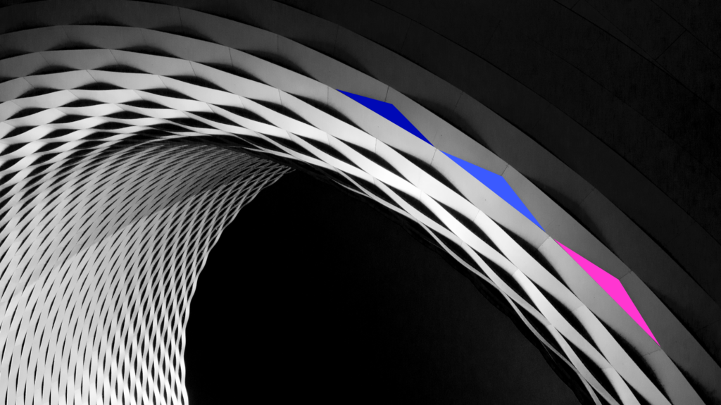 A black and white abstract image with CEI colors sprinkled throughout