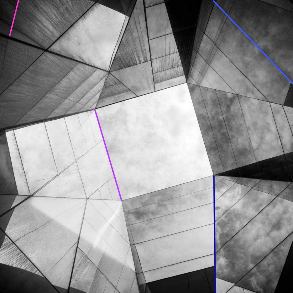 A black and white image that looks like a kaleidoscope of lines and squares. Includes abstract lines in CEI's colors (indigo, pink, purple, light indigo)