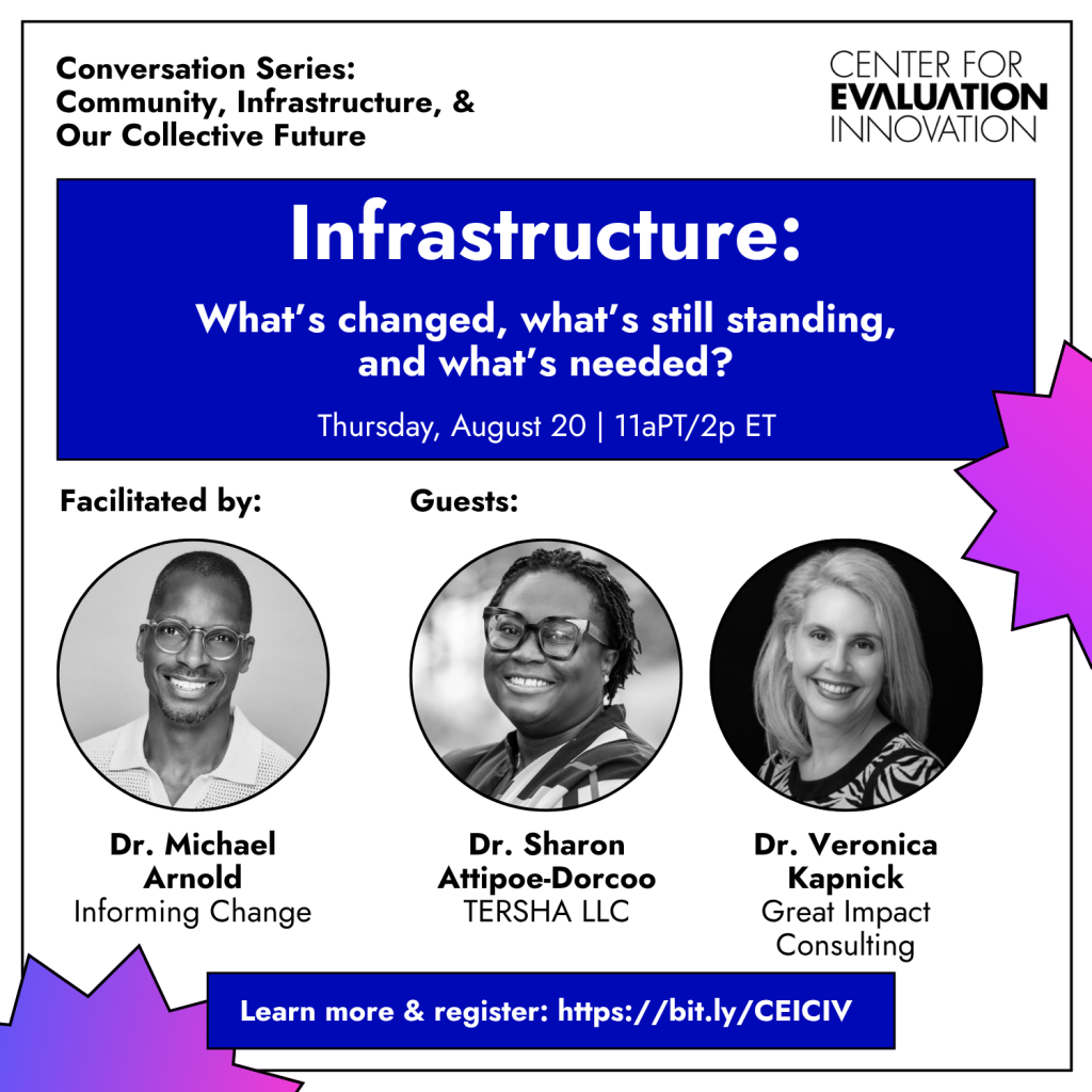 “Infrastructure: What's changed, what's still standing, and what's needed?” on August 20 at 11:00 A.M. Pacific / 2:00 P.M. Eastern with Dr. Michael Arnold, Dr. Sharon Attipoe-Dorcoo, and Dr. Veronica Kapnick.