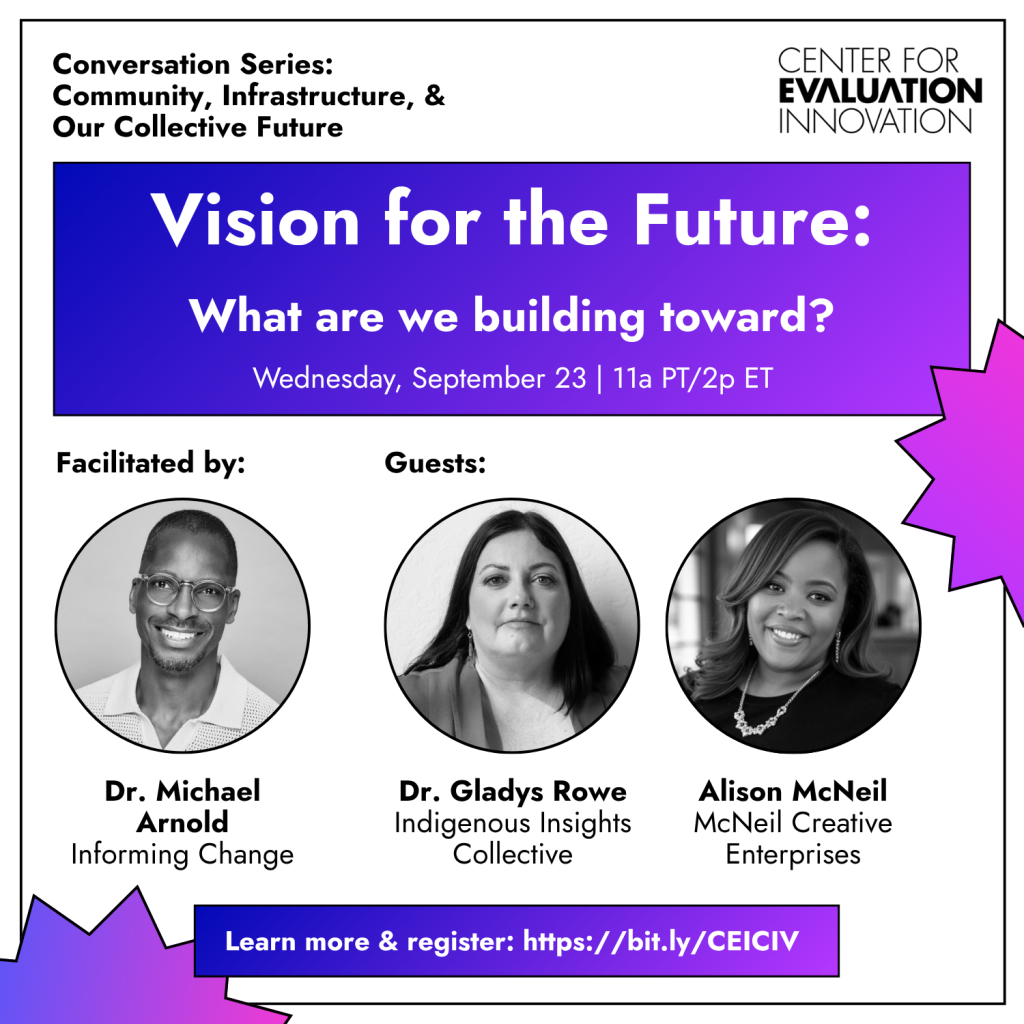 Vision for the Future: What are we building toward? Wednesday, September 23 at 11am Pacific/2pm Eastern. Facilitated by Dr. Michael Arnold (Informing Change). Guests are Dr. Gladys Rowe (Indigenous Insights Collective) and Alison McNeil (McNeil Creative Enterprises).